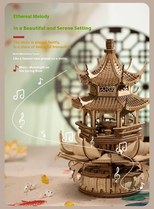 Wooden Music Box Mechanical Puzzle – DIY Handcrafted Rotating Model “Castle in the Sky”