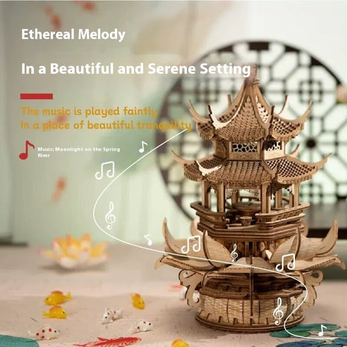 Wooden Music Box Mechanical Puzzle – DIY Handcrafted Rotating Model “Castle in the Sky”