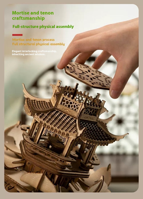 Wooden Music Box Mechanical Puzzle – DIY Handcrafted Rotating Model “Castle in the Sky”